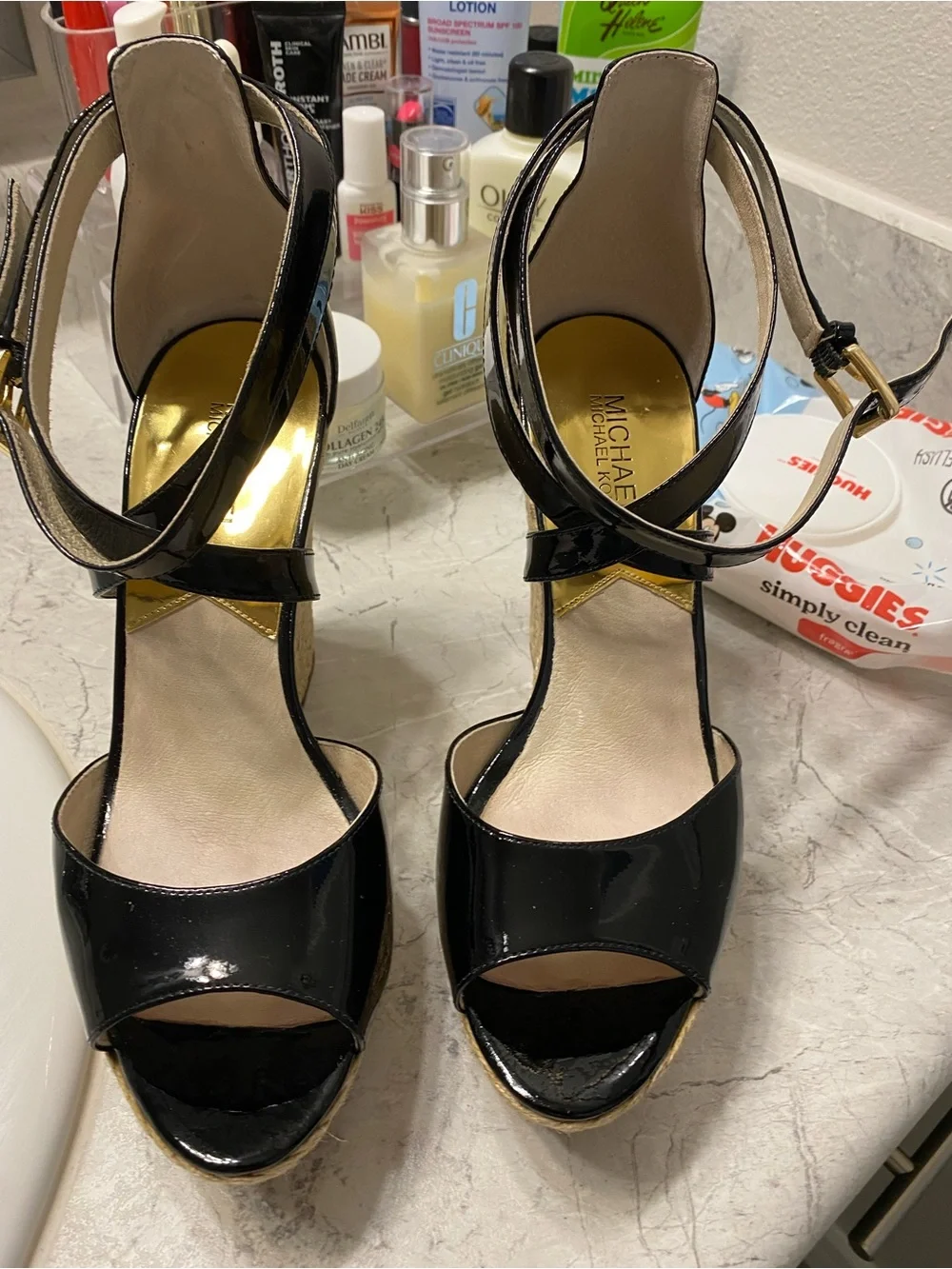 Michael Kors Black Patent Platform Sandals with Ankle Strap